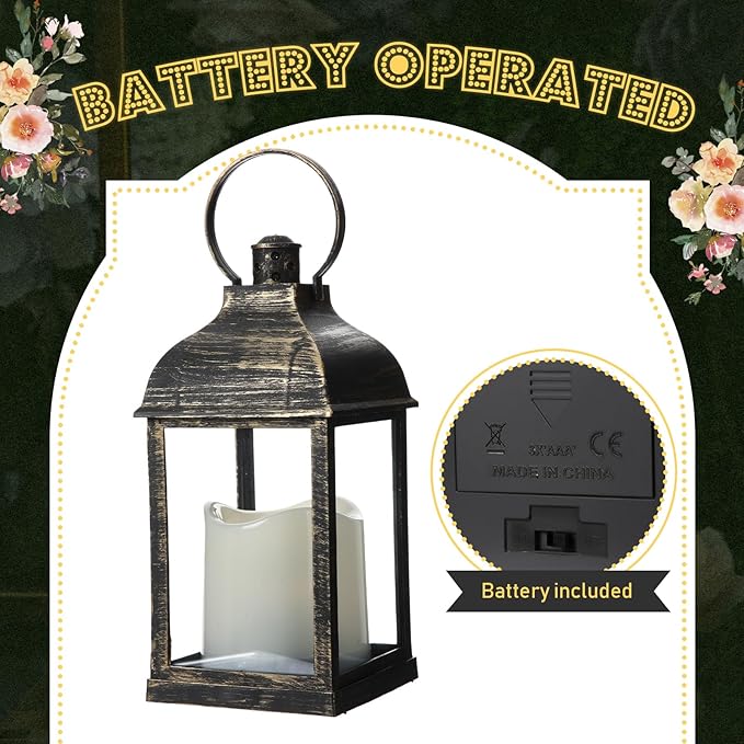 8 Pcs 10 Inch Dark Bronze Decorative Candle Lantern Bulk for Wedding Centerpieces Bronze Lanterns with LED Flameless Candle Indoor Outdoor Battery Powered Hanging Lights for Wedding Party