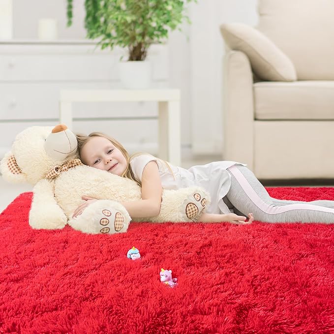 8x10 Area Rugs for Living Room, Red Fluffy Shaggy Rug Soft Carpets, Big Rugs for Bedroom Nursery Kids Room Dorm Home Decor Aesthetic