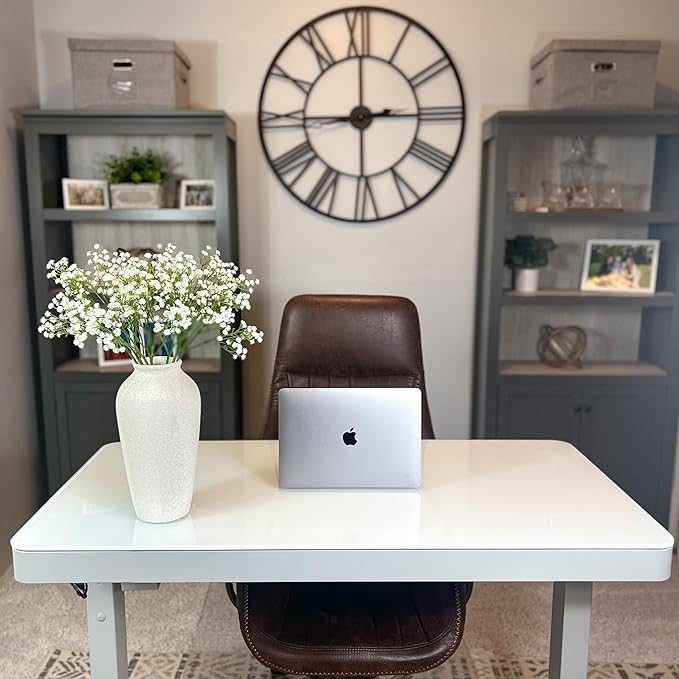 Laurel&Vine 12" Tall White Ceramic Vase, Speckled Textured Minimalist, with 15 Stems of 22" Faux Artificial White Babys Breath, Farmhouse Console Centerpiece Decor, Real Touch Fake Flowers in Vase