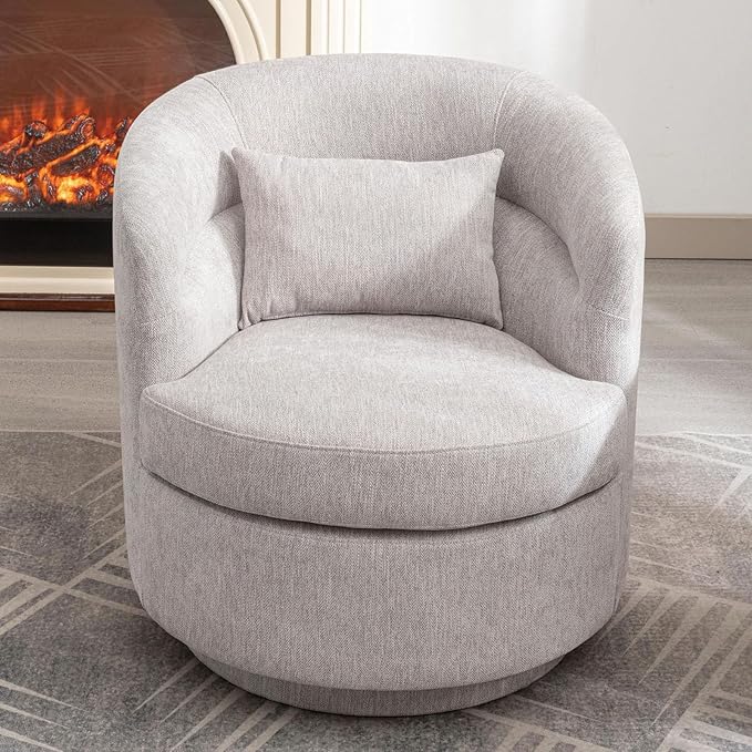 CANMOV Swivel Accent Chair, 360 Degree Round Swivel Barrel Chair with Pillow, Upholstered Comfy Barrel Armchair Single Club Sofa Chair for Living Room,Bedroom, Reading Room, Grey