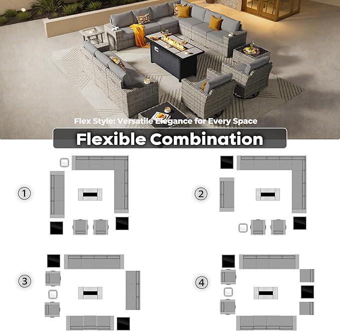 ovios 16 Pieces Patio Furniture Set, Outdoor Wicker Sectional Sofa with 54" Fire Pit Table Swivel Chairs, Modern Modular Deep Seat Rattan Couch Conversation Sets, Dark Grey