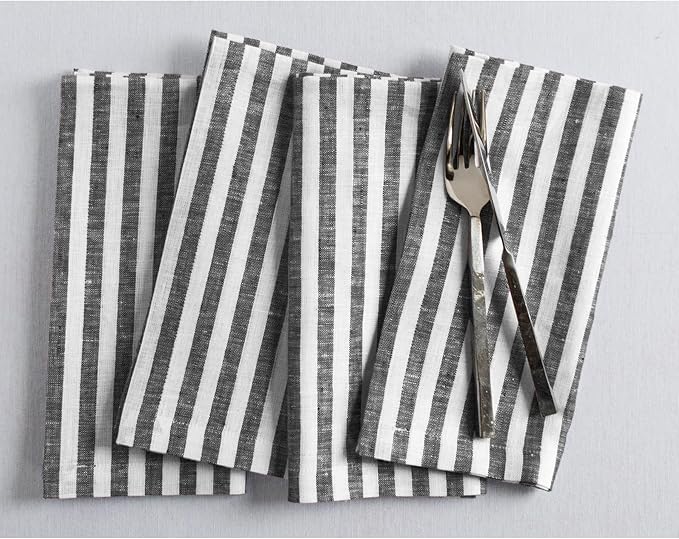 Solino Home Linen Napkins Set of 4-100% Pure Linen Amalfi Stripe Black and White Cloth Dinner Napkins 20 x 20 Inch for Fall, Autumn, Halloween, Thanksgiving - Handcrafted and Machine Washable