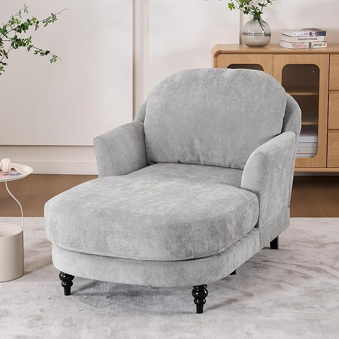 Chaise Lounge Chair Indoor, 59.8" Oversized Couch Reading Chairs，Chenille Comfortable Deep Sleeping Single Sofa, Upholstered Modern Couch Sofa Bed for Living Room, Bedroom & Apartment (Grey)