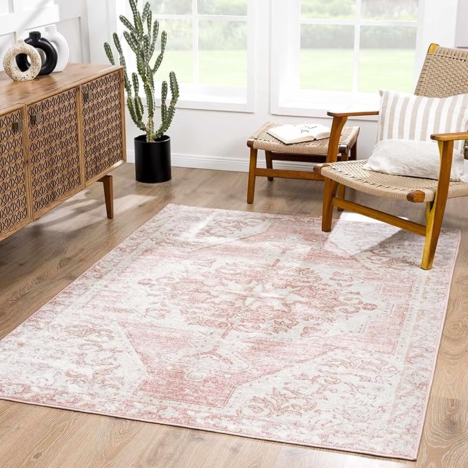 Blush & Light Pink Collection Snead Bohemian Oriental Medallion Large Area Rug - Traditional Floral Carpet for Living Room - Blush, Pale Pink, Cream - 7'10" x 9'6" (8x10 Area Rug)