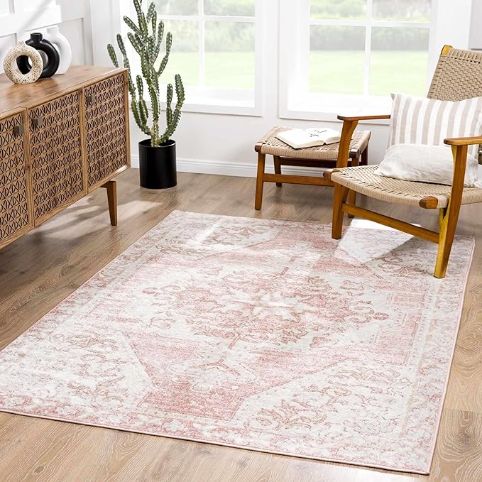 Blush & Light Pink Collection Snead Bohemian Oriental Medallion Area Rug - Traditional Floral Carpet for Living Room, Bedroom - Blush, Pale Pink, Cream - 3'11" x 5'7"