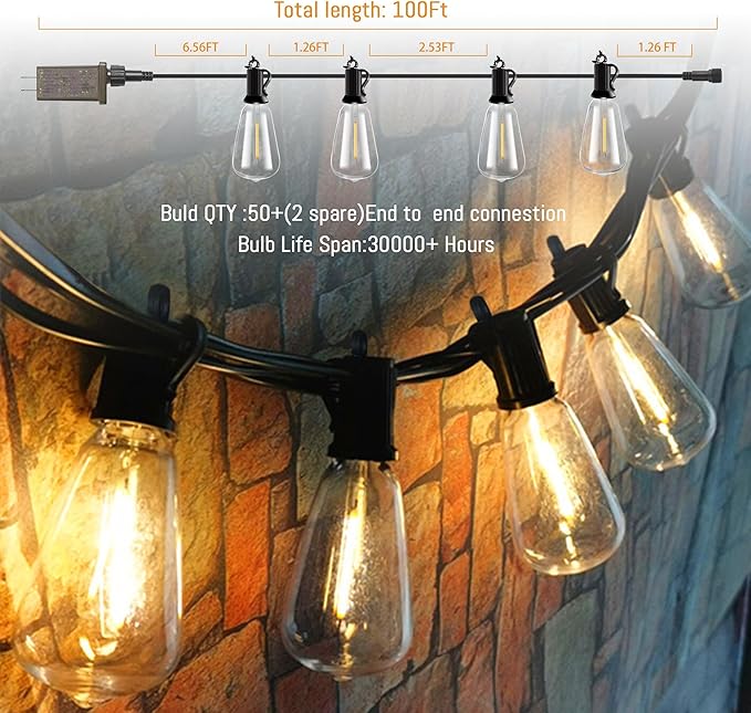 100FT Dimmable Waterproof Outdoor String Lights with Remote, 52 Shatterproof ST38 Vintage Edison Bulbs for Porch, Deck, Garden, Backyard, Balcony