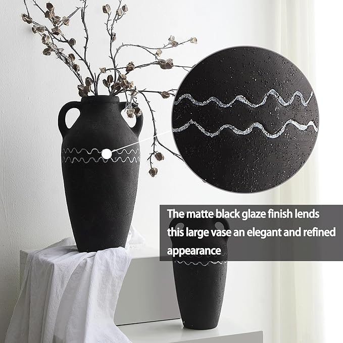 Large Black Ceramic Vase, 12.4" H Farmhouse Rustic Decorative Vase Table Centerpiece, Pottery Terracotta Tall Vases Living Room Bathroom Weddings Decorations