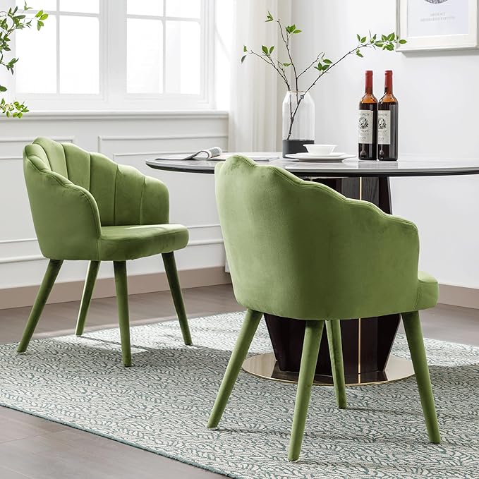 Modern Velvet Dining Chairs Set of 2 Chic Accent Chair Upholstered Side Chairs with Wood Legs for Kitchen/Living Room, Olive Green