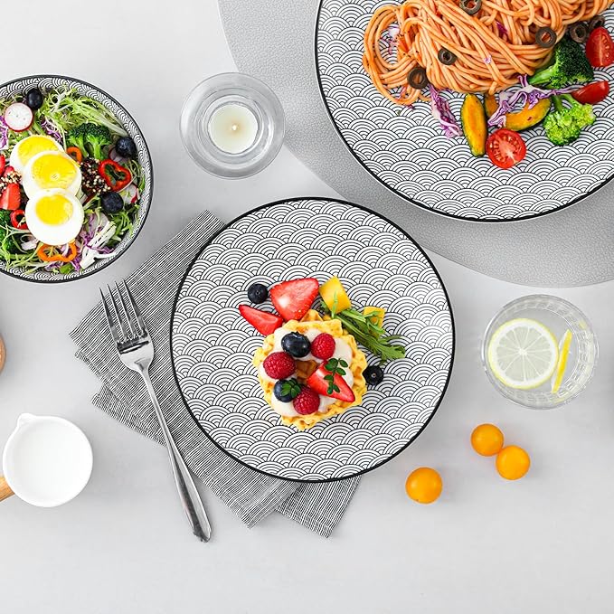 vancasso Haruka 12 Pieces Plates and Bowls Set, Ceramic Dinnerware Sets for 4, Black and White Porcelain Dishes Set