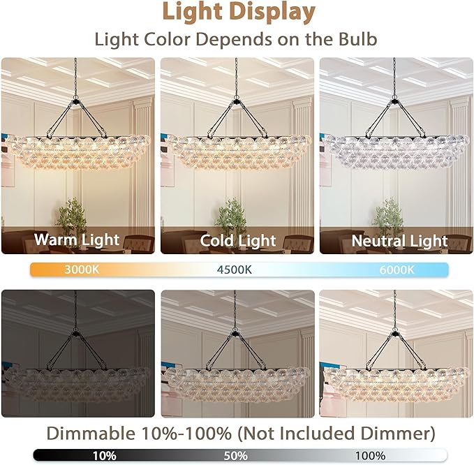 Modern Glass Chandelier Luxury Bubble Chandelier Black Clear Blown Glass Large Pendant Light for Dining Room, Living Room, Foyer, Staircase Dia 55"