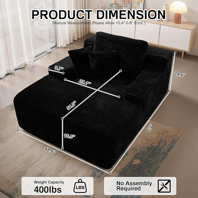Chaise Lounge Chair Indoor, 67" Oversized Comfy Plush Fur Sleeper Sofa Bed, Boneless Upholstered Recliner Bed with Pillows and Wide Armrests, Modern Cloud Couch for Living Room, Black