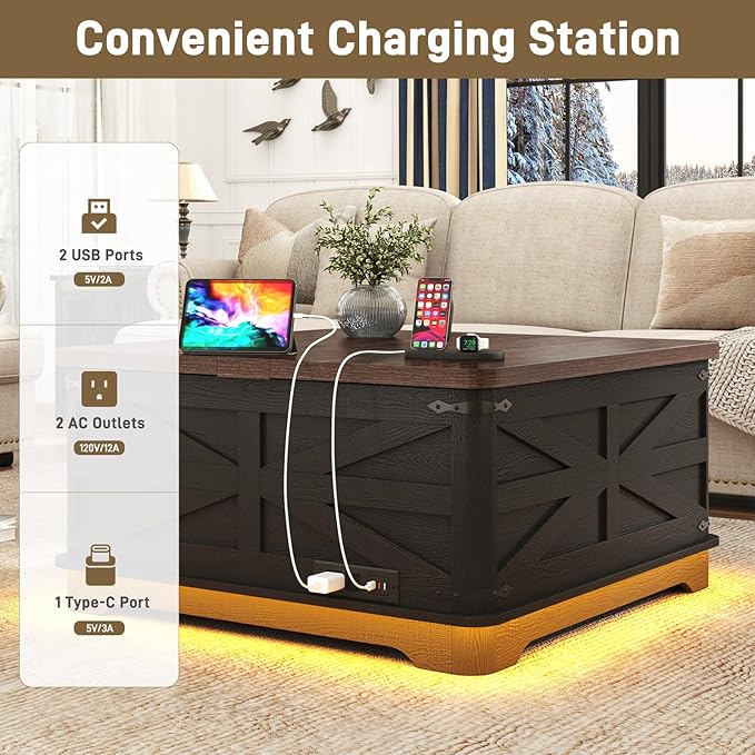 36" Farmhouse LED Lift Top Coffee Table with Storage and Power Outlets, Square Wood Living Room Tables with LED Lights & Large Hidden Space, Lift Wooden Barn Door Center Table, Black