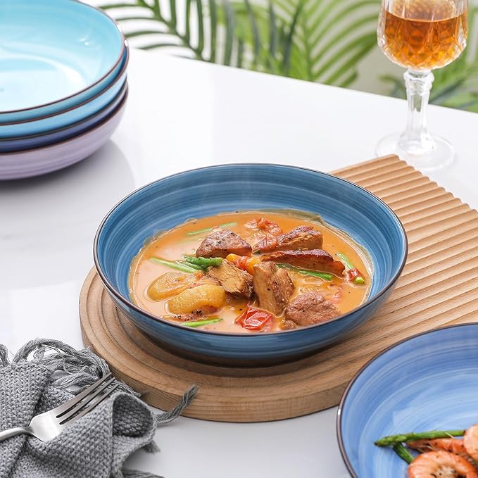 Selamica Ceramic Plates and Bowls Set, 24 Pieces Dinnerware Sets for 6, Scratch Resistant Dishes Set, Handpainted Swirl with Spot Dishwasher & Microwave Safe, Gradient Blue