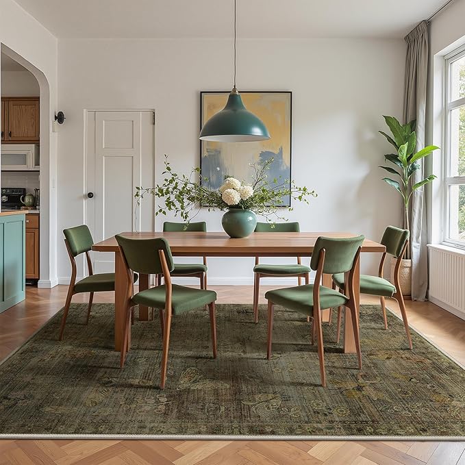 GENIMO 8x10 Area Rugs for Living Room, Machine Washable Non Slip Vintage Rugs, Low Pile Lightweight Chenille Print Rug for Bedroom, Dining Room, Home Office, Moss Taupe