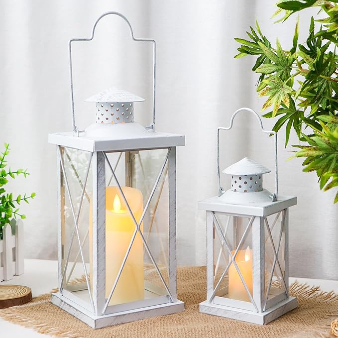 TRIROCKS 16'' & 11" H Decorative Candle Lanterns Set of 2 Hanging Lantern Vintage Metal Candle Holder with Tempered Glass for Indoor Outdoor Home Decor Parties Garden Wedding(White with Silver Brush)