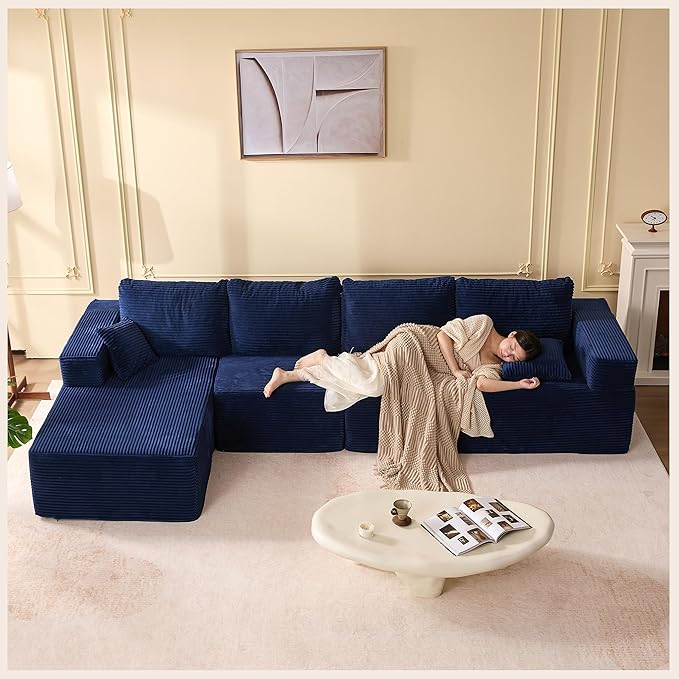 138" Boneless Couch with Deep Seat, Modular Sectional Sofa, Cloud Sectional Couch for Living Room, No Assembly Required, Corduroy, 4 Seater L-Shape Right, Blue