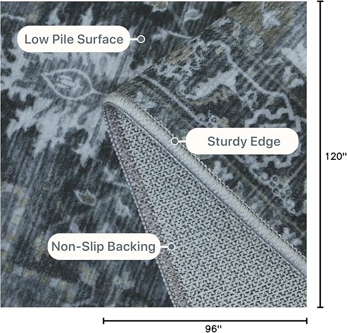 GENIMO 8x10 Area Rugs for Living Room, Machine Washable Non Slip Vintage Rugs, Low Pile Lightweight Chenille Print Rug for Bedroom, Dining Room, Home Office,Dark Gray