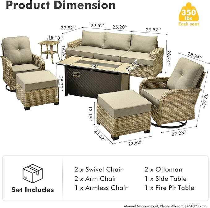 HOOOWOOO Outdoor Sectional Patio Furniture Set with Fire Pit Table,9 Pieces Wicker Conversation Sets,Extra Deep Out Door Sofa Outside Furniture Couch Swivel Chairs Ottoman,Charcoal Gray