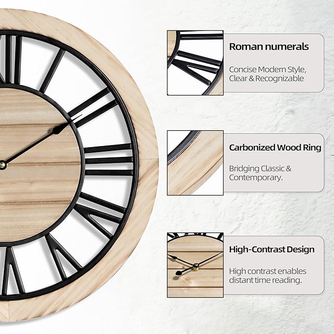 LEIKE 16 Inch Large Wall Clock - Rustic Wooden Silent Non-Ticking Wall Clock with Black Metal Frame, Vintage Farmhouse Decorative for Living Room, Bedroom, Kitchen - Roman Numerals, Modern Design
