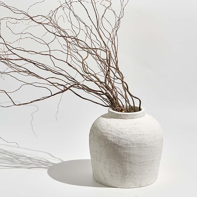 LB2 Large White Ceramic Vase, 11" Tall Zen Style vase, Terra Cotta Pitcher Vase, Distressed Farmhouse Decor, Pottery Decorative Flower for Home Decor (H 11" X 11")