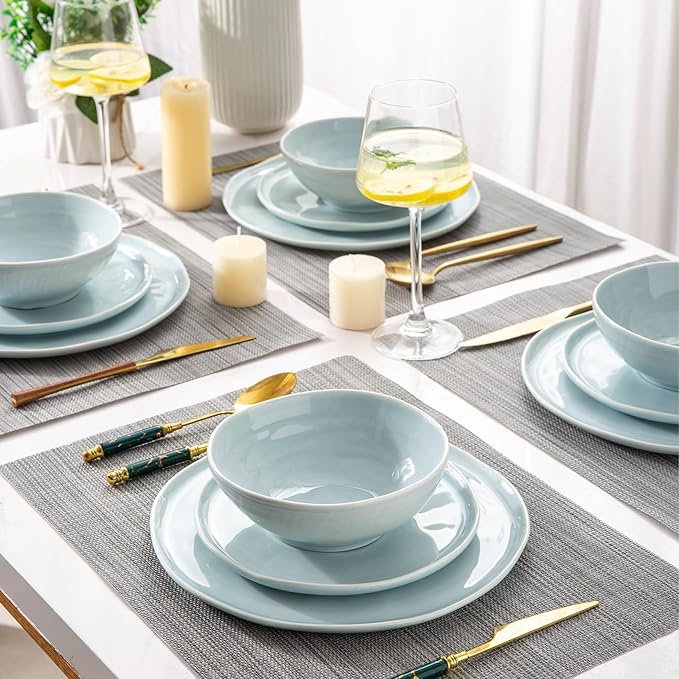 LERATIO Ceramic Dinnerware Sets for 6,Porcelain Plates and Bowls Sets with Wavy Edge,Microwave & Dishwasher & Oven Safe,Light Weight & Scratch Resistant Dishes Sets-Light Blue(18pcs)