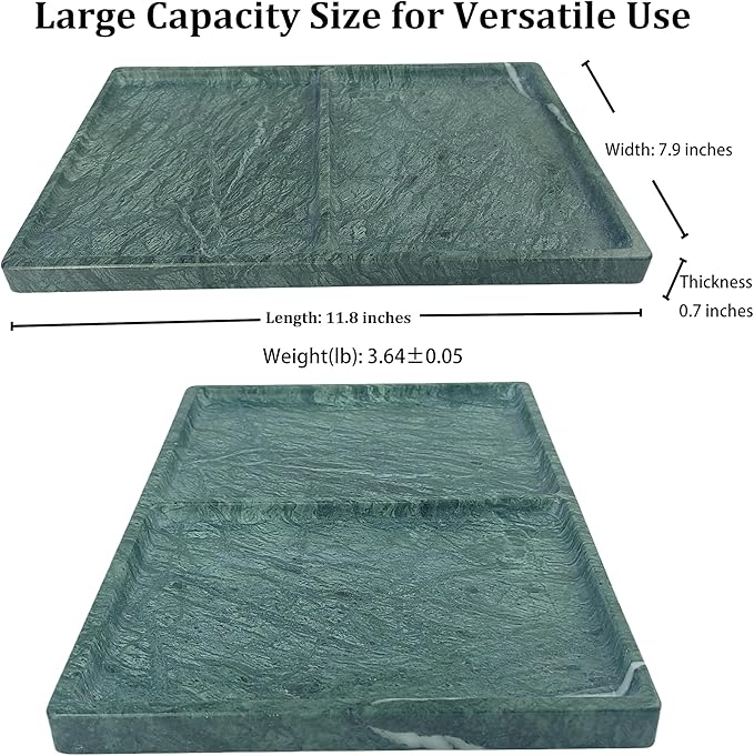 11.81"x7.87" Marble Decorative Tray with 2 Compartments – Catchall Organizer for Jewelry, Soap, Cosmetics – Polished Green Stone Vanity Tray for Bathroom, Dresser, Entryway, Office Decor