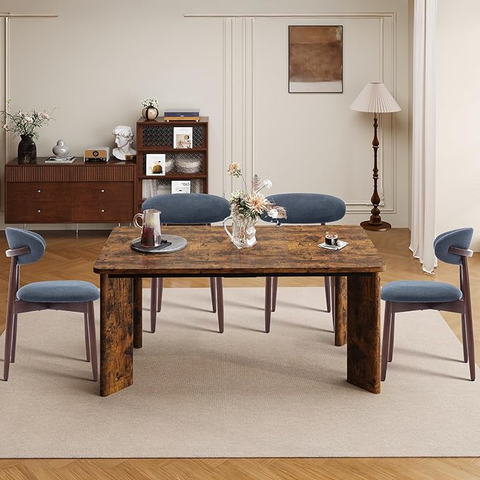 7-Piece Rectangular Dining Table Set for 6, 63" Industrial Kitchen Table with 6 Wooden Upholstered Dinner Chairs for Dining Room, Kitchen, Living Room, Brown+Blue