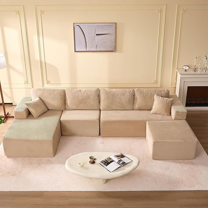 138" Boneless Couch with Deep Seat, Modular Sectional Sofa, Cloud Sectional Couch for Living Room, No Assembly Required, Corduroy, U-Shape 4 Seater Left, Camel