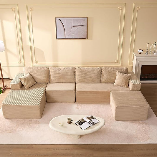 138" Boneless Couch with Deep Seat, Modular Sectional Sofa, Cloud Sectional Couch for Living Room, No Assembly Required, Corduroy, U-Shape 4 Seater Left, Camel