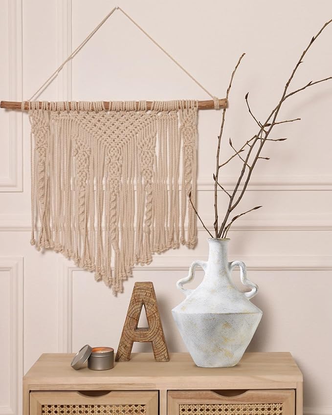 UPWOIGH 14x9.06 in Tall Vintage Handles Ceramic Vase, Antique White Pottery Vase Living Room Table Decor, Beige Speckles Distressed Black Markings Rustic Farmhouse Bedroom Decor, Ideal Gift 1Pack