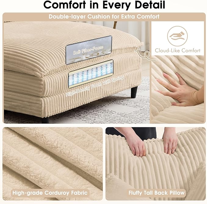 55" W Oversized Chaise Lounge Sofa Couch with 5-Position Adjustable Backrest, Corduroy Sleeper Sofa Bed, Reading Chair ‌with Deep Seat, Cloud Couches for Living Room, Khaki