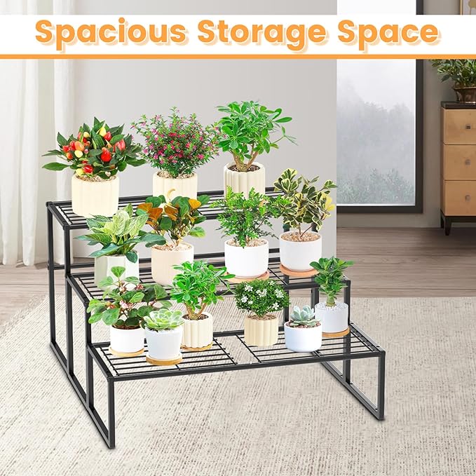 3 Tier Metal Plant Stand Indoor Outdoor, Potted Multiple Flower Pot Holder Rack Plant Shelf, Heavy Duty Planter Display Shelving for Patio Balcony Garden Living Room Decorative (3 Tier- Black)
