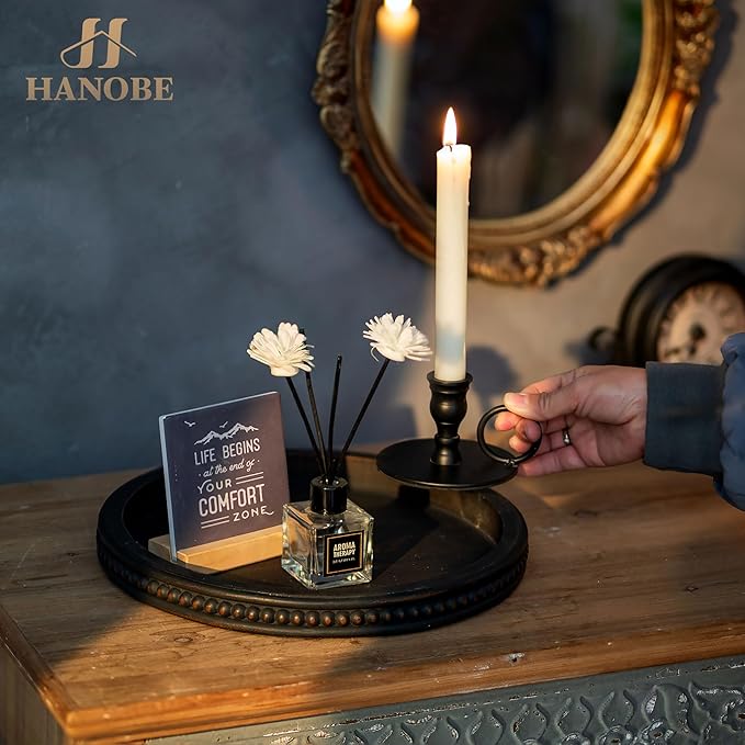 Hanobe Decorative Coffee Table Tray: Modern Farmhouse Beaded Round Tray Decor Rich Dark Brown Circle Wooden Ottoman Serving Platter for Centerpieces Kitchen Counter Bathroom