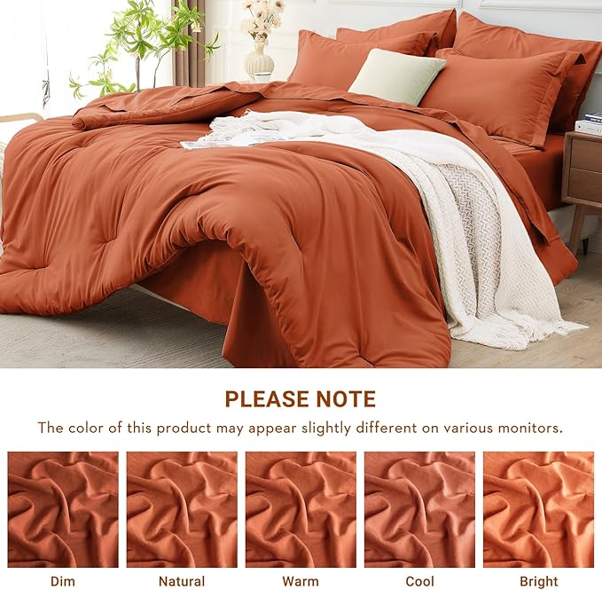 MUXHOMO 5 Pieces Twin XL Comforter Set, Soft Bed in a Bag Twin XL Size, All Season Bedding Set with Comforter, Flat Sheet, Fitted Sheet, Pillowcases & Shams, Burnt Orange
