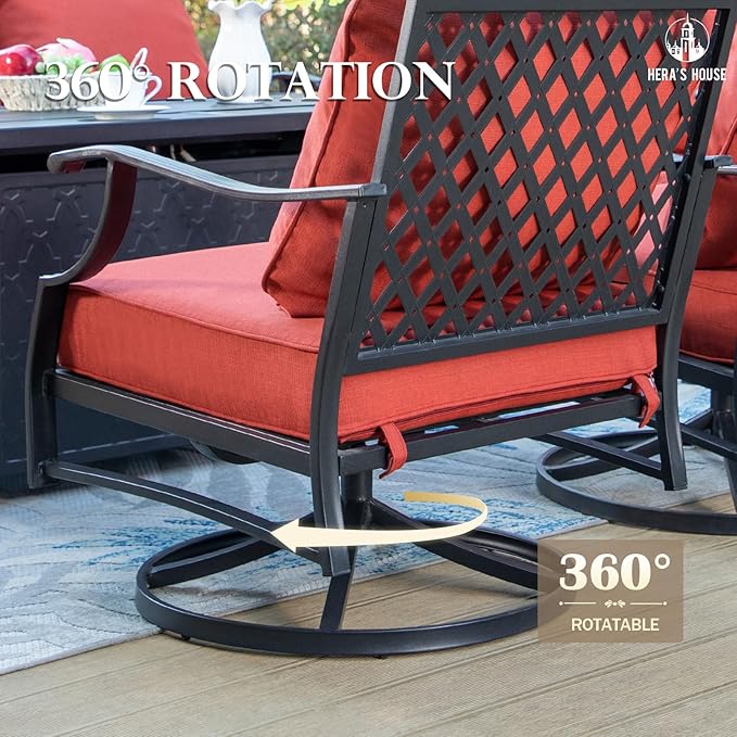 HERA'S HOUSE 4 Piece Patio Furniture Set, 2 x Swivel Cushioned Chair, 3-Seat Sofa with Marbling Coffee Table, All Weather Outdoor Conversation Set for Lawn Garden Backyard, Red