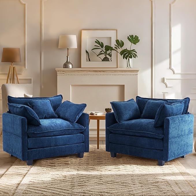 SweetGO corporation 40" Chenille Lounge Chair for Reading, Modern Couch Cozy Sofa Bed, Upholstered Living Room Single Sofa Accent Chair with Ottoman Set of 2, Blue