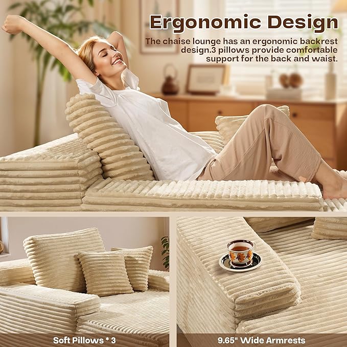 Chaise Lounge Chair Indoor, Oversized Sleeping Couch 67" L * 48.5" W Assembly Free Modern Minimalist Sofa, Extra Deep Large Single Seat Sofa for Living Room (Beige Plush Fabric)