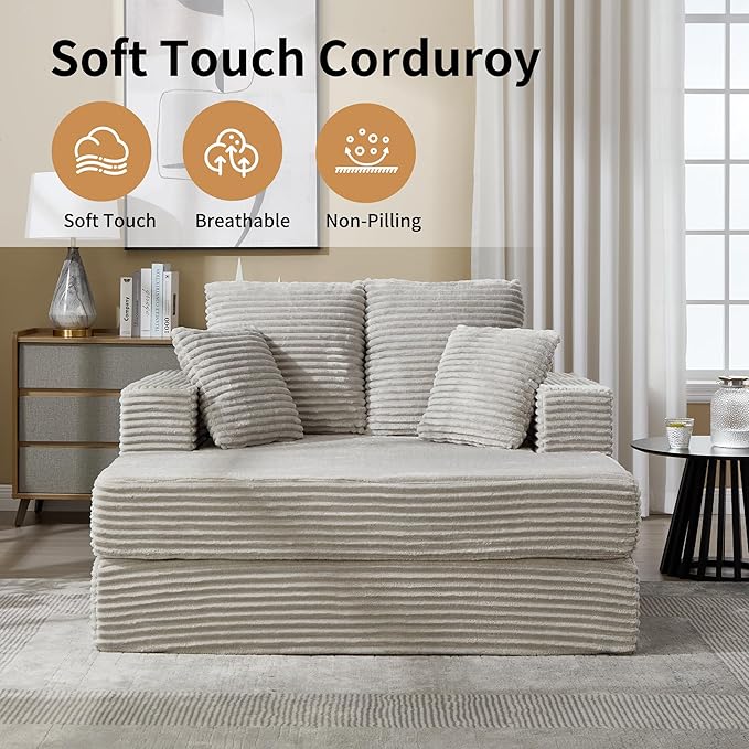 59" Chaise Lounge Chair Indoor - Oversized Comfy Corduroy Upholstered Sleeper Sofa with 4 Pillows & Armrests, Deep Seat Reading Chair Couch for Living Room, No Assembly Required - Light Gray
