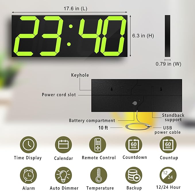 LED Large Digital Wall Clock, Oversize Digital Clock with 6” Numbers, Remote Control Count up/Countdown Timer Clock, Auto Dimmer, Big Calendar and Thermometer（Yellow