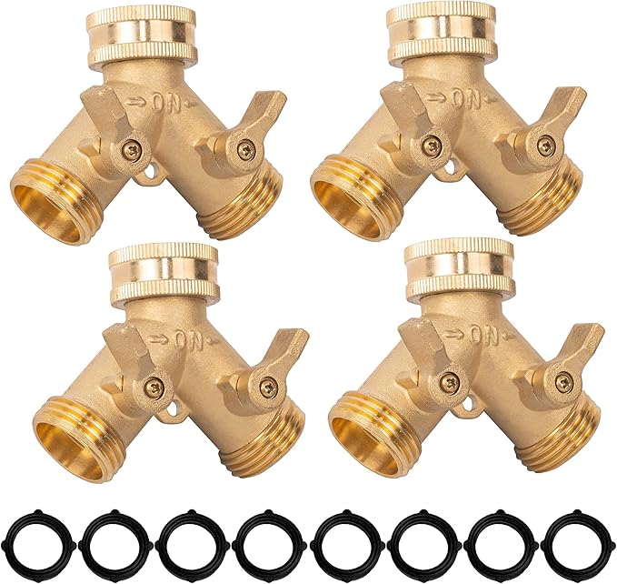 Xiny Tool Brass Garden Hose Splitter (2 Way), Solid Brass Hose Y Splitter 2 Valves with 2 Extra Rubber Washers (4)