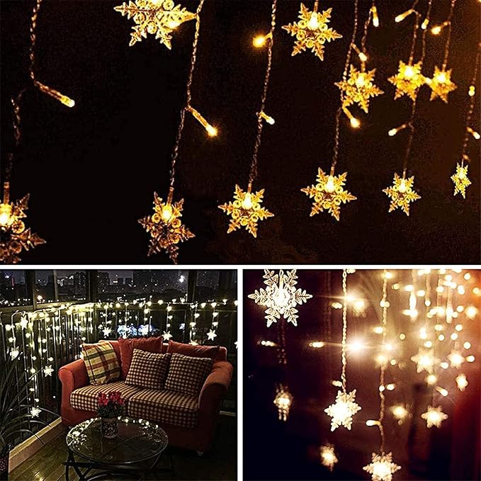 String Lights LED Curtain Light, 96 LED Fairy Hanging String Lights Waterproof Christmas Snowflake Lights with Wireless Control for Outside Indoor Bedroom Party Fence Patio - Warm White