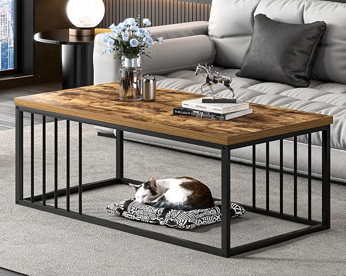 FOLUBAN Coffee Table, Modern Wood and Metal Living Room Table, Industrial Rectangle Cocktail Tea Table, Rustic Brown, 43.3 Inch