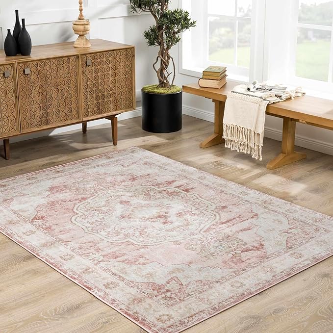 Blush & Light Pink Collection Kandos Bohemian Oriental Medallion Area Rug - Traditional Floral Carpet for Living Room, Bedroom - Blush, Dusty Pink, Cream - 5'3" Square