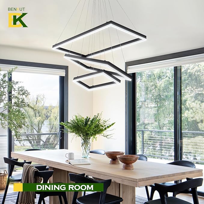 3 Rings Modern LED Chandelier Black 31.5inch Rectangle Dimmable LED Pendant Light with Remote Control 3 Tier Flush Mount High Ceiling Light for Dining Living Room Foyer(3000K-6500K, H71)