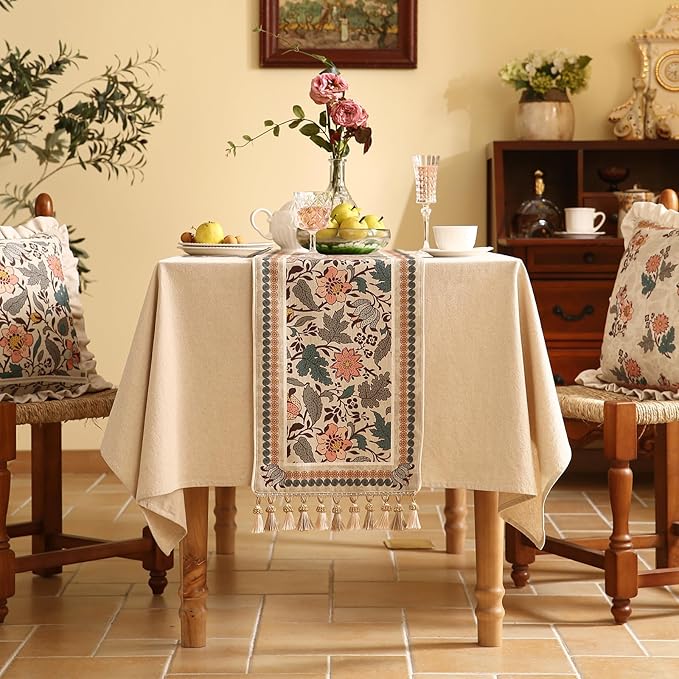 Designer Bohemian Linen Table Runner 87 Inches Long,Elegant Lotus Flowers Pattern Decor Table Runners for Dining Tables,Thanksgiving,Kitchen Tables,Christmas,12"*87"-Hazel A