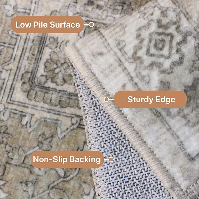 GENIMO 10x14 Area Rugs for Living Room, Machine Washable Non Slip Vintage Rugs, Low Pile Lightweight Chenille Print Rug for Bedroom, Dining Room, Home Office, Trench