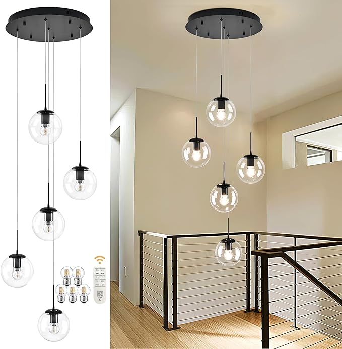 KoKo&Yukina 5-Light Globe Glass Pendant Light Adjustable Length Pendant Lights Modern Black Clear Globe Glass Chandelier High Ceiling Lights Fixtures for Foyer Staircase Entryway (Bulb & Remote Incl)