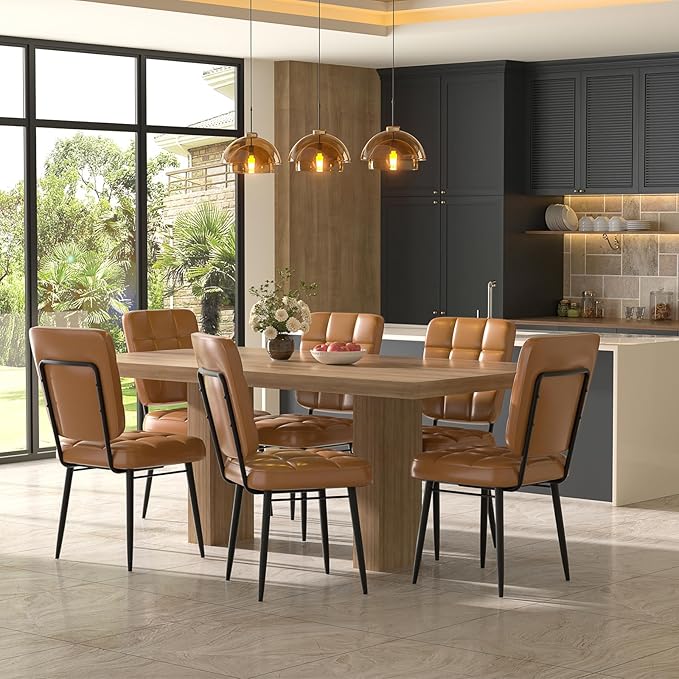 Dining Chairs Set of 2, Leather Upholstered Dining Room Kitchen Chairs with Thick Cushion, High Backrest, Metal Legs, Mid Century Modern Side Chair for Living Room Restaurant, Light Brown