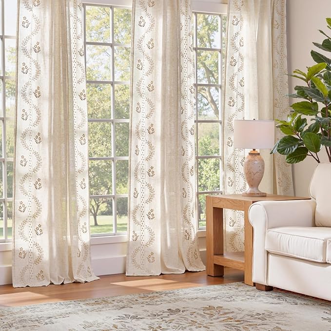 jinchan Belrose Linen Curtains for Bedroom Floral Curtains 108 Inch Length Linen Blend Beige Embroidered Drapes Farmhouse Flower Patterned Drapes for Living Room Window Treatments Set 2 Panels