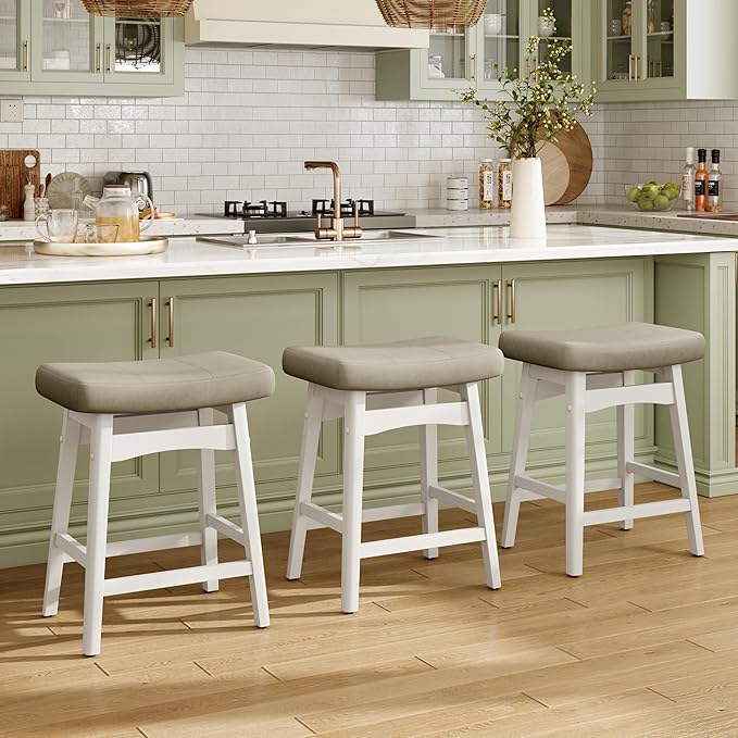 MAISON ARTS Beige Counter Height Bar Stools Set of 2 for Kitchen Counter Solid Wood Legs with Faux Leather Saddle Seat Farmhouse Barstools for 34"-38" Counter Island Upholstered Stools, 24in Height